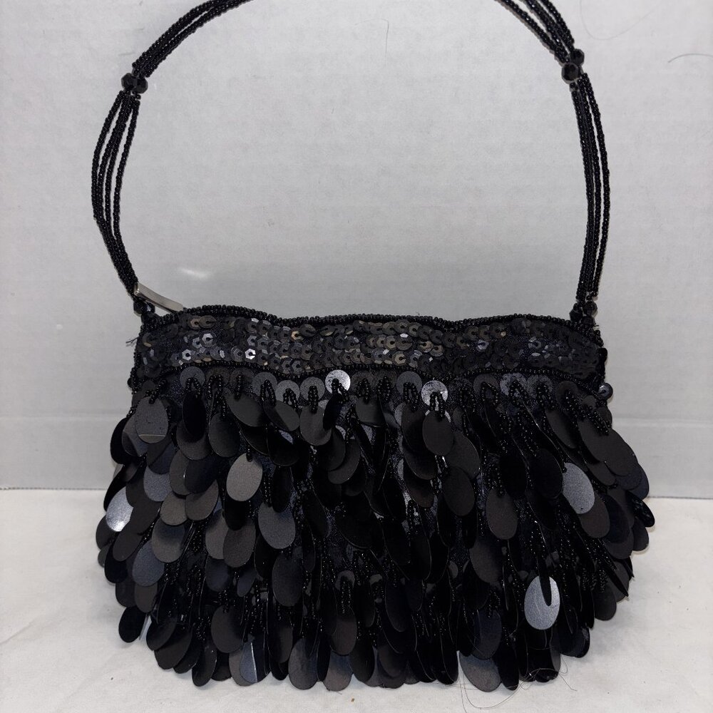 Vintage Black Beaded and Sequined Small Clutch Evening Bag